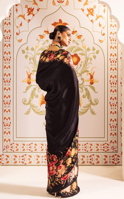 Midnight Bloom Black Satin Floral Printed Saree  Elegant Party Wear Designer Saree for Women