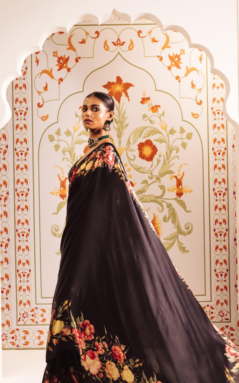 Midnight Bloom Black Satin Floral Printed Saree  Elegant Party Wear Designer Saree for Women