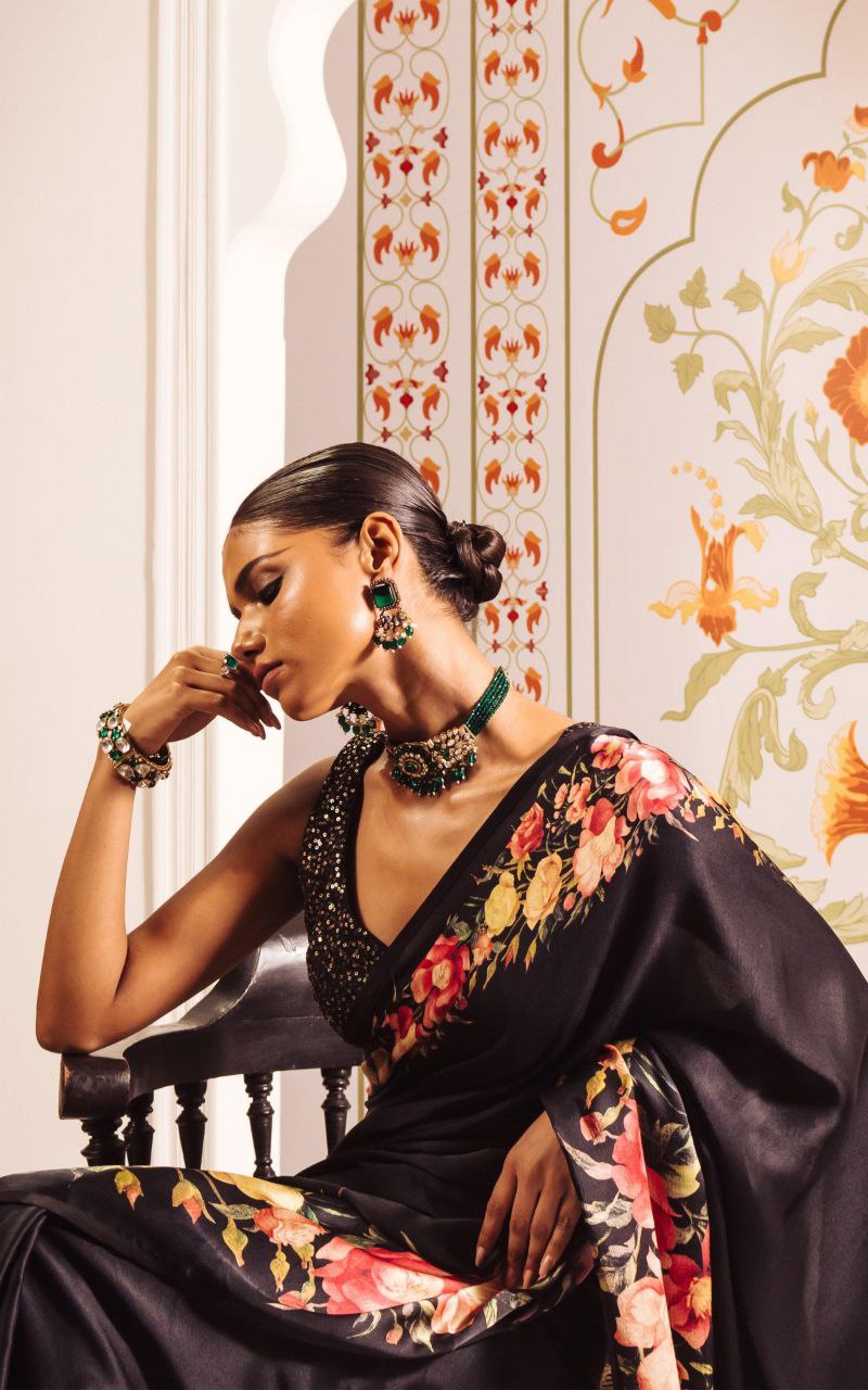 Midnight Bloom Black Satin Floral Printed Saree  Elegant Party Wear Designer Saree for Women