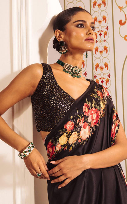 Midnight Bloom Black Satin Floral Printed Saree  Elegant Party Wear Designer Saree for Women