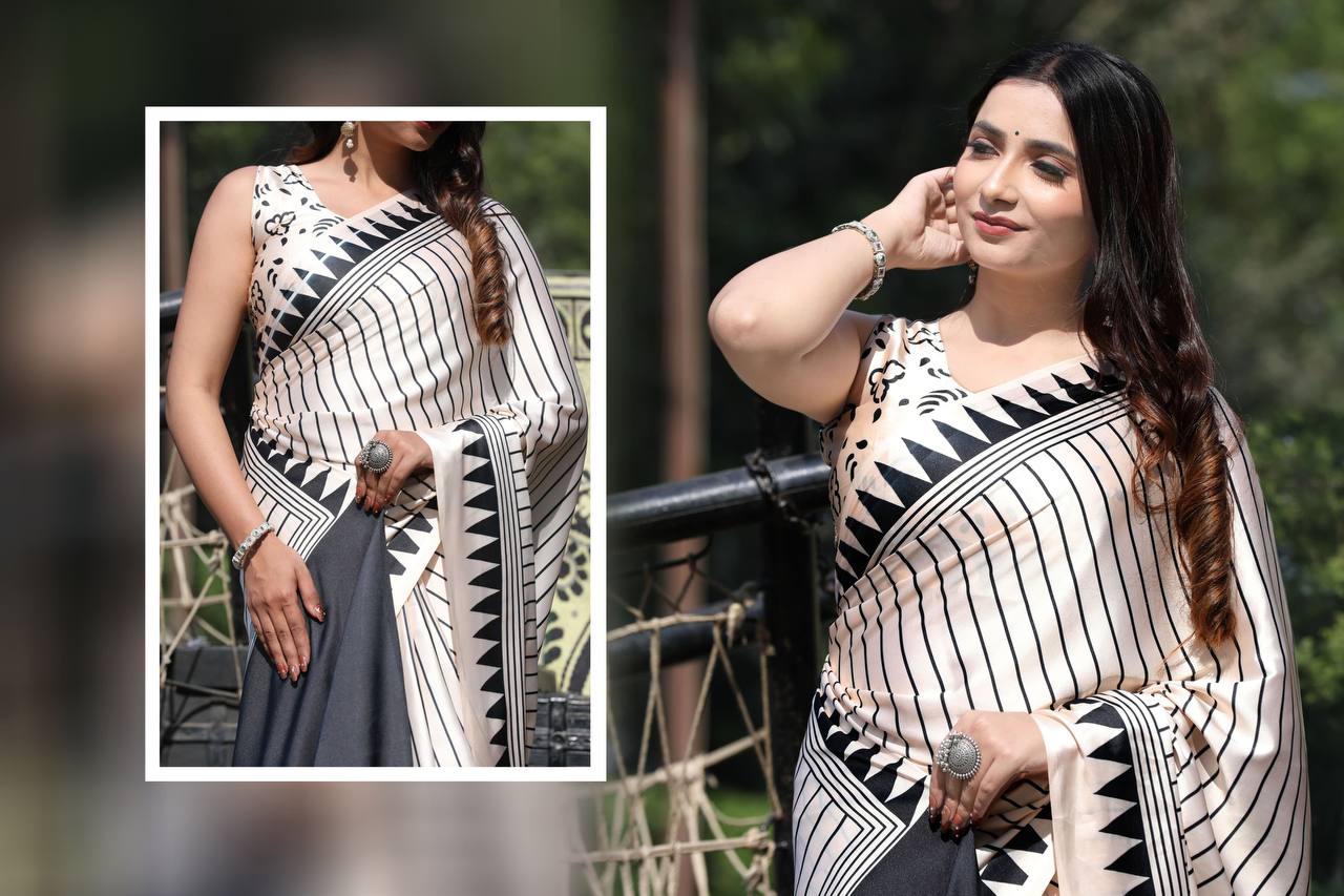 Monochrome Black & White Satin Designer Saree – Modern Geometric Party Wear Saree for Women
