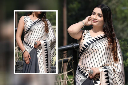 Monochrome Black & White Satin Designer Saree – Modern Geometric Party Wear Saree for Women
