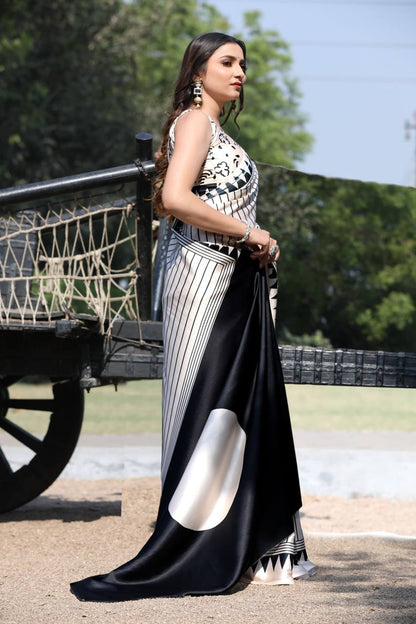Monochrome Black & White Satin Designer Saree – Modern Geometric Party Wear Saree for Women