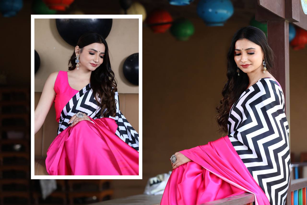 Hot Pink Satin Designer Saree with Black & White Chevron Pallu – Modern Party Wear Saree for Women