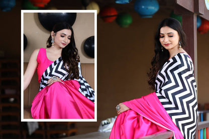 Hot Pink Satin Designer Saree with Black & White Chevron Pallu – Modern Party Wear Saree for Women