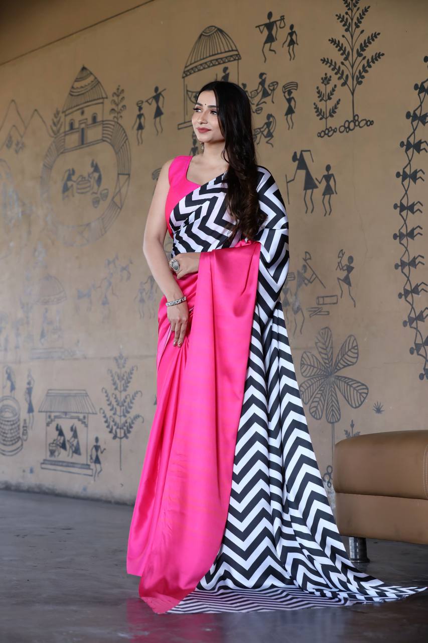 Hot Pink Satin Designer Saree with Black & White Chevron Pallu – Modern Party Wear Saree for Women