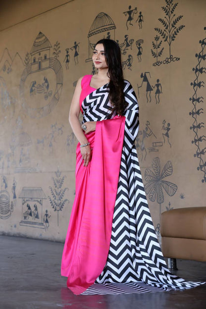 Hot Pink Satin Designer Saree with Black & White Chevron Pallu – Modern Party Wear Saree for Women