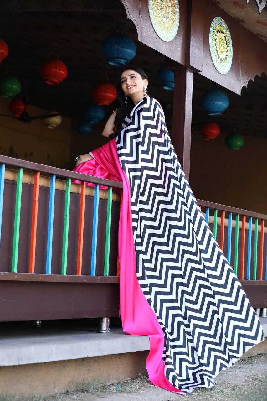 Hot Pink Satin Designer Saree with Black & White Chevron Pallu – Modern Party Wear Saree for Women