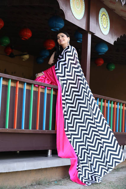 Hot Pink Satin Designer Saree with Black & White Chevron Pallu – Modern Party Wear Saree for Women