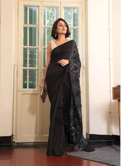 Black Bandhani Print Satin Saree – Elegant Designer Party Wear Saree for Women