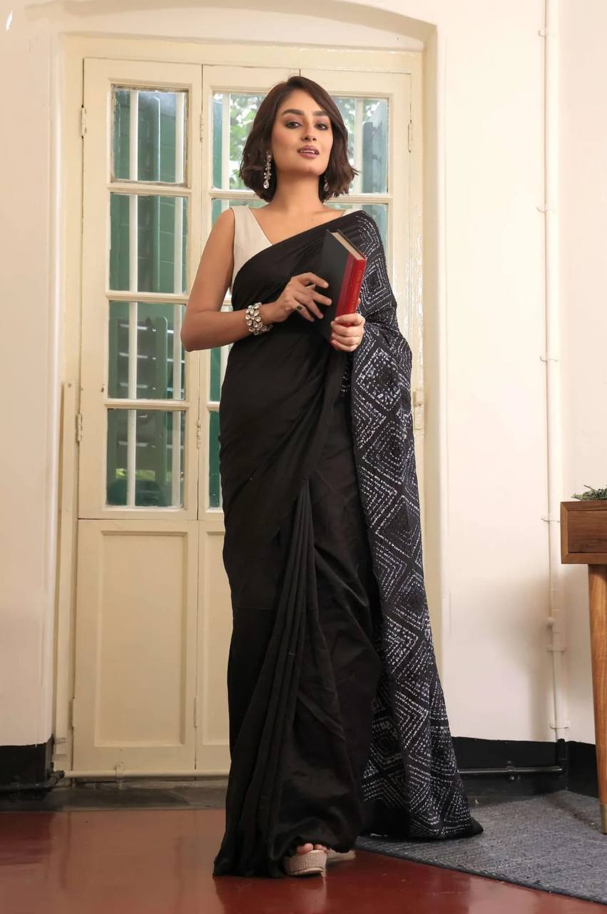 Black Bandhani Print Satin Saree – Elegant Designer Party Wear Saree for Women