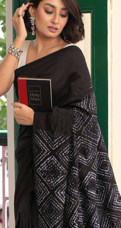 Black Bandhani Print Satin Saree – Elegant Designer Party Wear Saree for Women