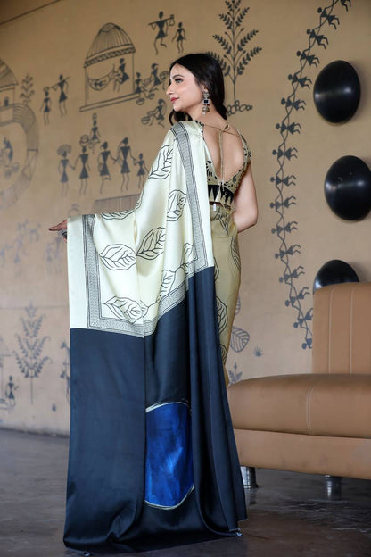 Off-White Printed Saree with Black & Blue Contrast Pallu – Elegant Minimal Designer Saree for Office & Casual Wear