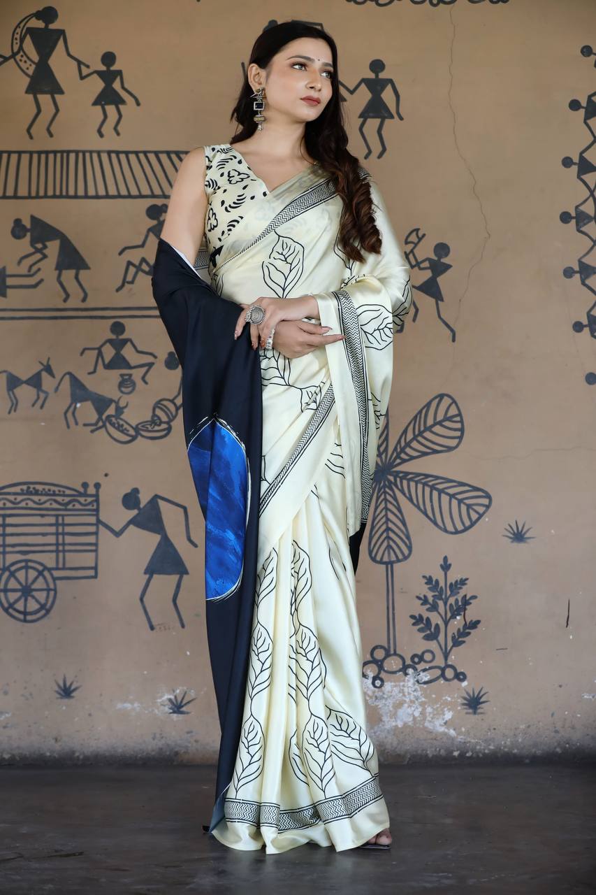 Off-White Printed Saree with Black & Blue Contrast Pallu – Elegant Minimal Designer Saree for Office & Casual Wear
