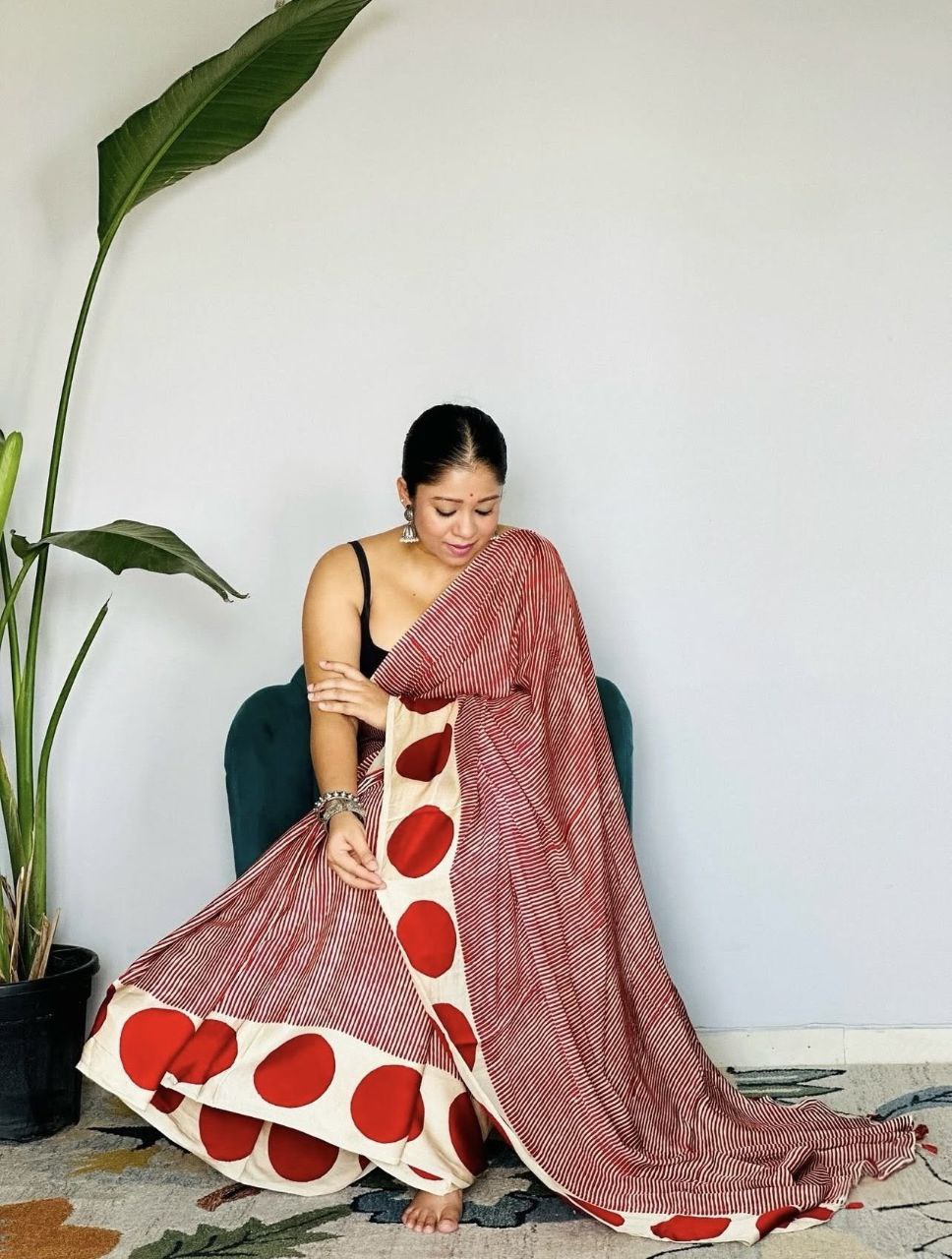 Rust Red Striped Cotton Saree with Bold Polka Dot Border – Contemporary Casual & Office Wear Saree for Women