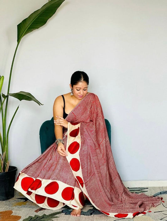 Rust Red Striped Cotton Saree with Bold Polka Dot Border – Contemporary Casual & Office Wear Saree for Women