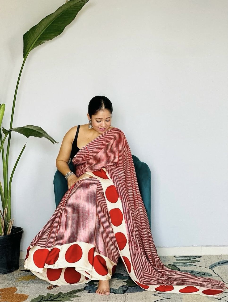 Rust Red Striped Cotton Saree with Bold Polka Dot Border – Contemporary Casual & Office Wear Saree for Women