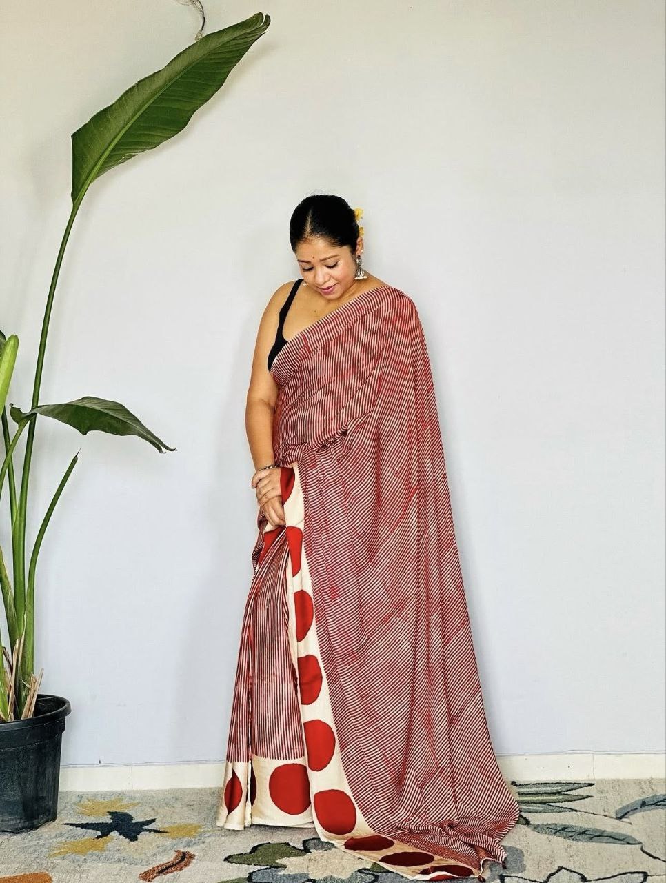 Rust Red Striped Cotton Saree with Bold Polka Dot Border – Contemporary Casual & Office Wear Saree for Women
