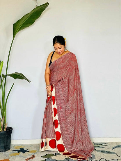 Rust Red Striped Cotton Saree with Bold Polka Dot Border – Contemporary Casual & Office Wear Saree for Women