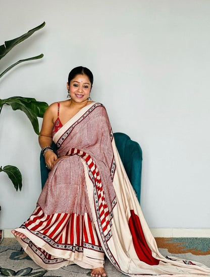 Ivory & Maroon Striped Cotton Saree with Bold Polka Dot Pallu – Elegant Casual & Office Wear Saree for Women