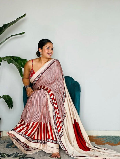 Ivory & Maroon Striped Cotton Saree with Bold Polka Dot Pallu – Elegant Casual & Office Wear Saree for Women