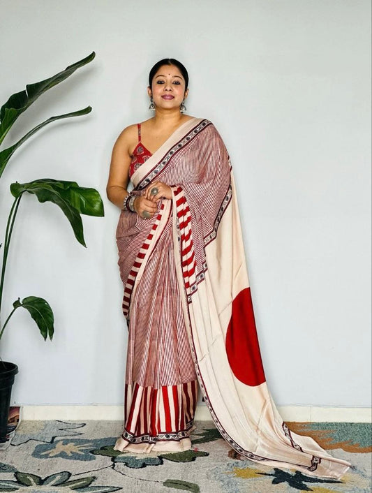 Ivory & Maroon Striped Cotton Saree with Bold Polka Dot Pallu – Elegant Casual & Office Wear Saree for Women