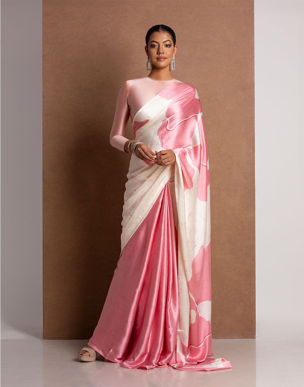 Blush Pink Satin Abstract Floral Designer Saree – Elegant Party & Festive Wear Saree for Women