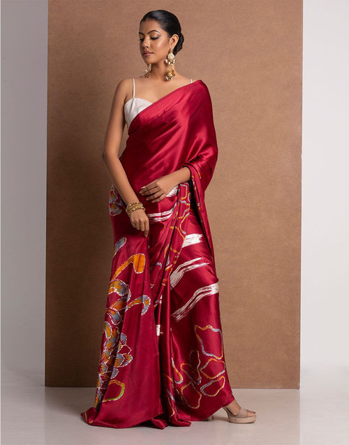 Crimson Red Satin Abstract Floral Designer Saree – Elegant Party & Festive Wear Saree for Women