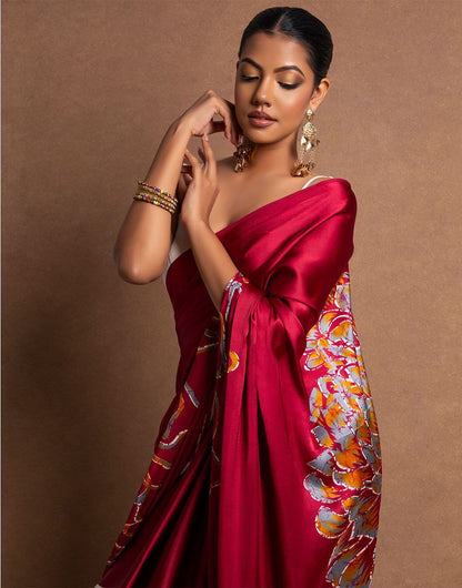 Crimson Red Satin Abstract Floral Designer Saree – Elegant Party & Festive Wear Saree for Women
