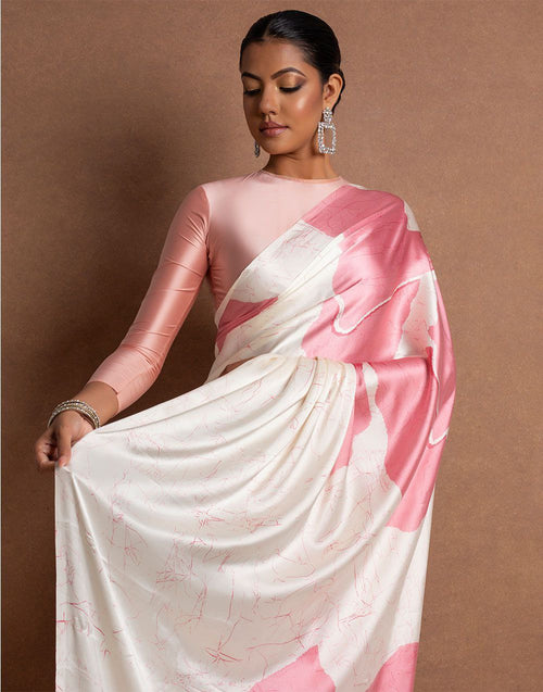 Blush Pink Satin Abstract Floral Designer Saree – Elegant Party & Festive Wear Saree for Women