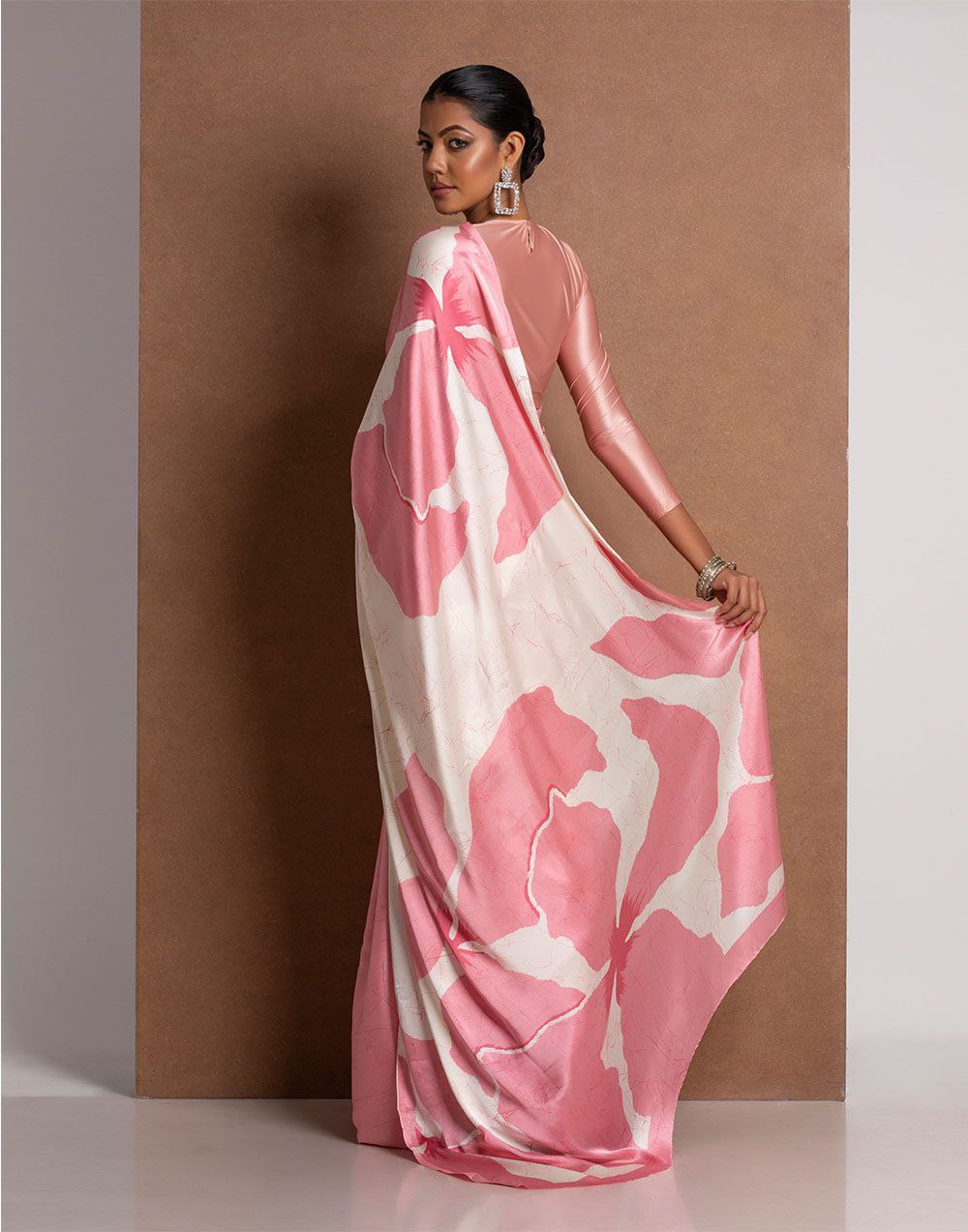 Blush Pink Satin Abstract Floral Designer Saree – Elegant Party & Festive Wear Saree for Women