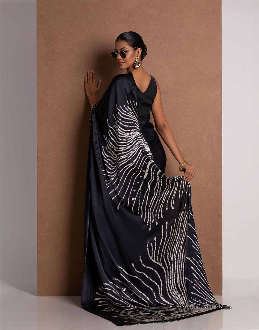 Midnight Black Satin Abstract Designer Saree – Elegant Party & Cocktail Wear Saree for Women