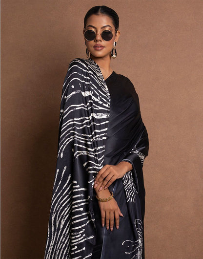 Midnight Black Satin Abstract Designer Saree – Elegant Party & Cocktail Wear Saree for Women
