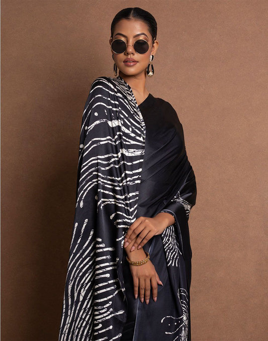 Midnight Black Satin Abstract Designer Saree – Elegant Party & Cocktail Wear Saree for Women