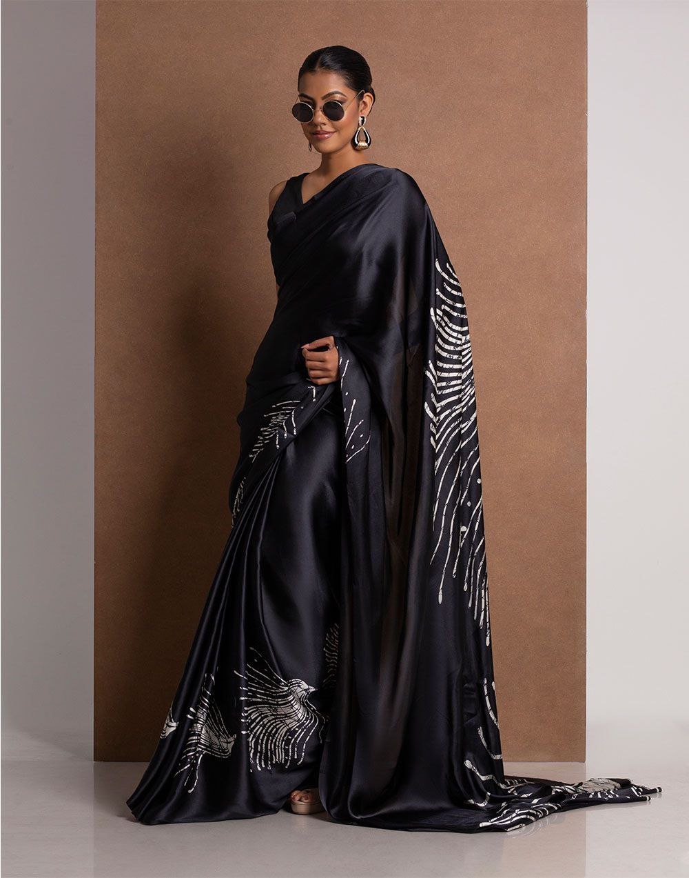 Midnight Black Satin Abstract Designer Saree – Elegant Party & Cocktail Wear Saree for Women