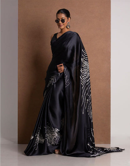 Midnight Black Satin Abstract Designer Saree – Elegant Party & Cocktail Wear Saree for Women