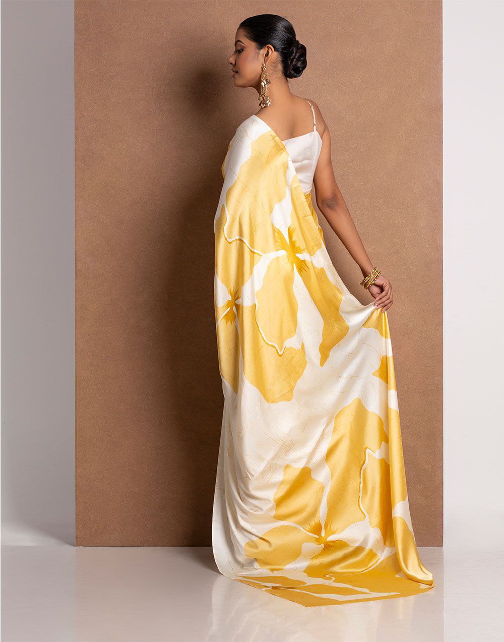 Sunshine Yellow Satin Abstract Floral Designer Saree – Elegant Party & Festive Wear Saree for Women