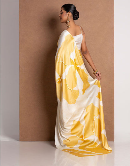 Sunshine Yellow Satin Abstract Floral Designer Saree – Elegant Party & Festive Wear Saree for Women