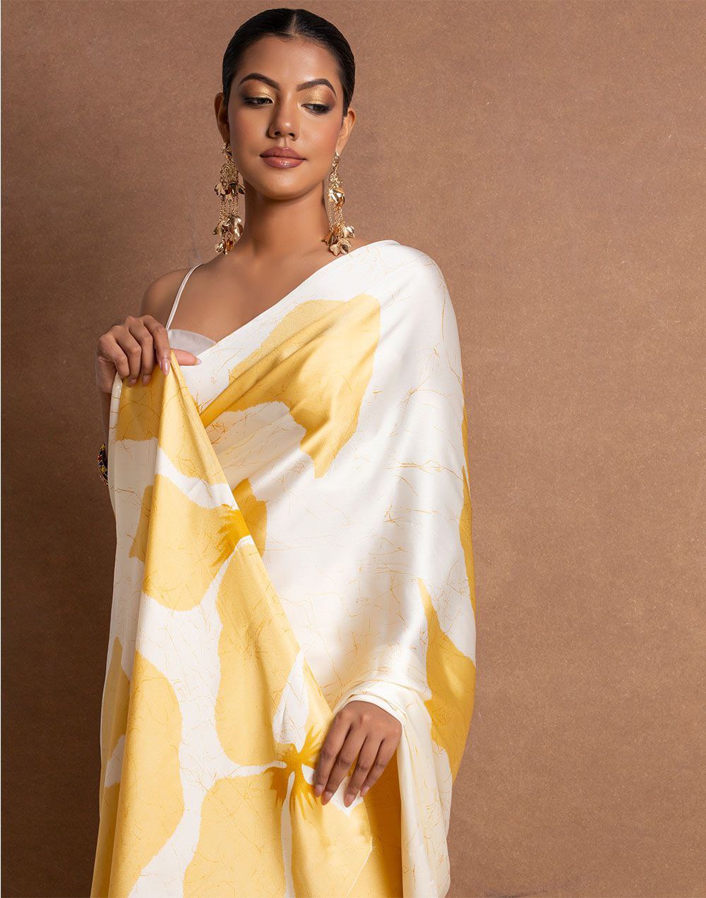 Sunshine Yellow Satin Abstract Floral Designer Saree – Elegant Party & Festive Wear Saree for Women