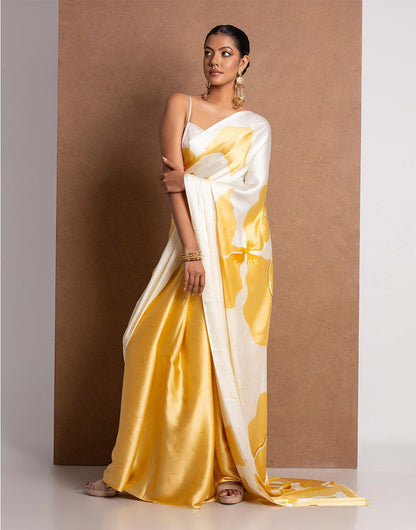 Sunshine Yellow Satin Abstract Floral Designer Saree – Elegant Party & Festive Wear Saree for Women