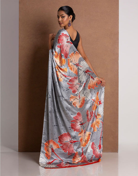 Silver Grey Abstract Printed Satin Designer Saree – Elegant Party & Contemporary Wear Saree for Women