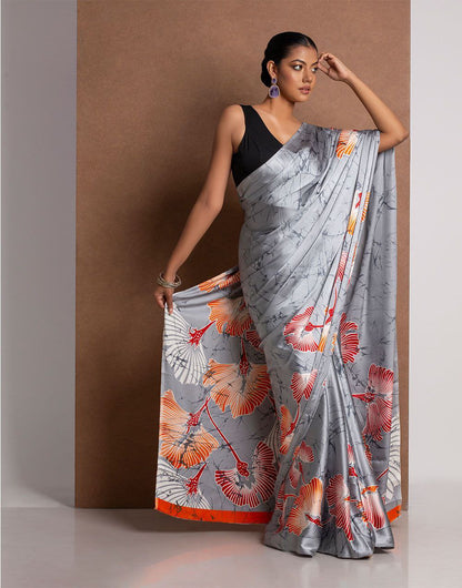 Silver Grey Abstract Printed Satin Designer Saree – Elegant Party & Contemporary Wear Saree for Women