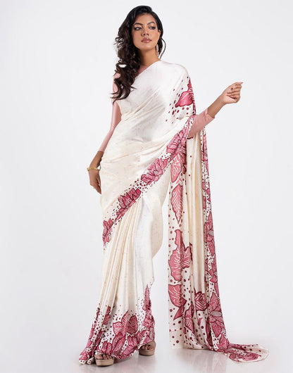 Ivory & Rose Pink Satin Floral Designer Saree – Elegant Party & Festive Wear Saree for Women
