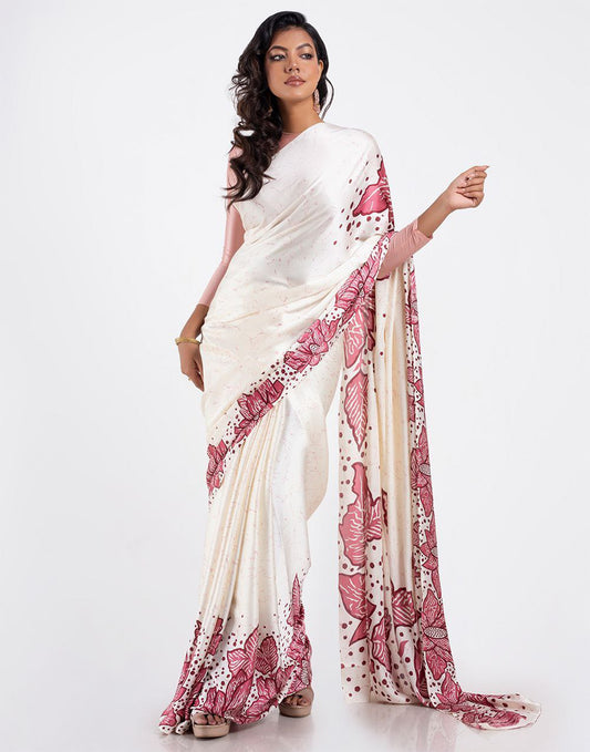 Ivory & Rose Pink Satin Floral Designer Saree – Elegant Party & Festive Wear Saree for Women