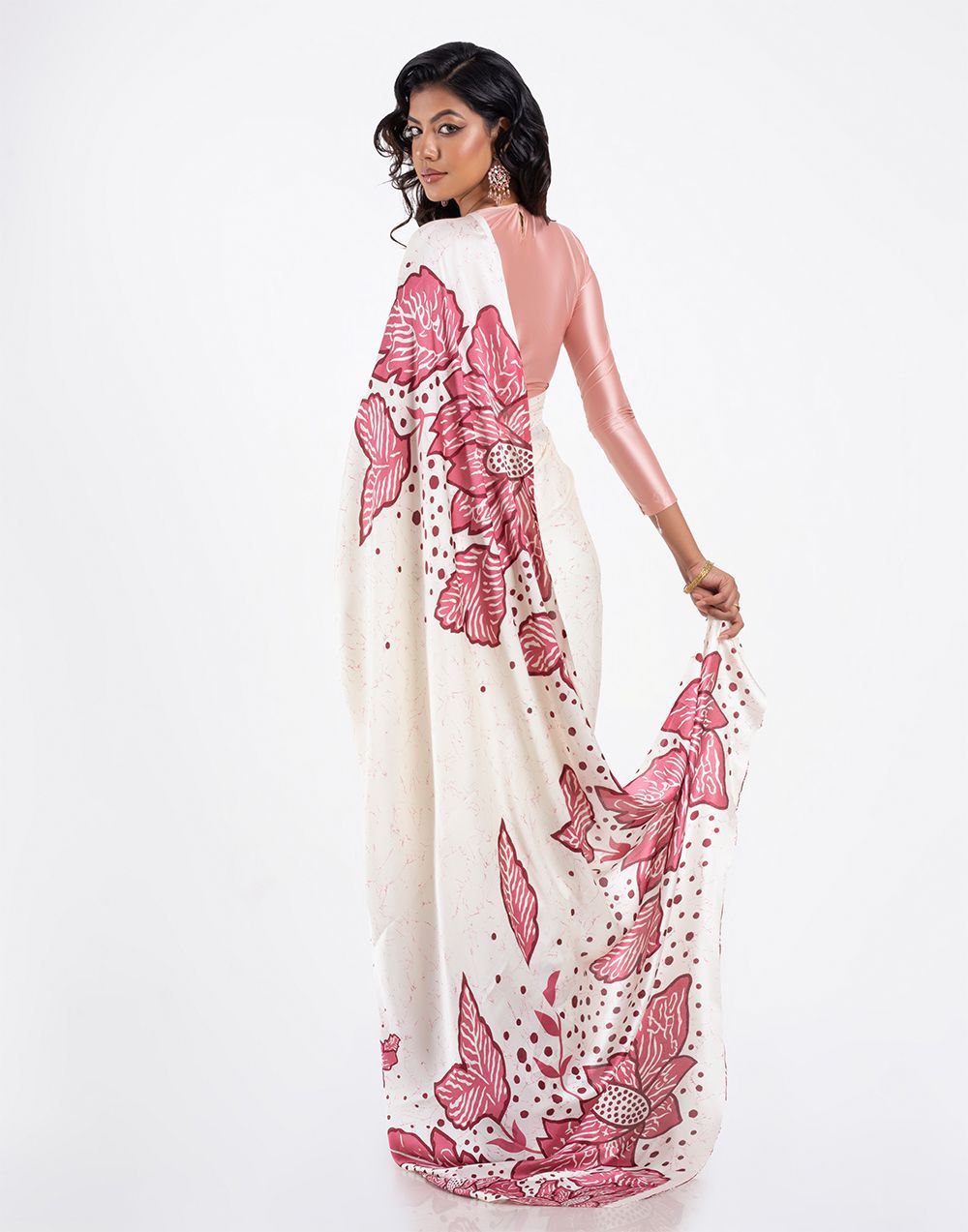 Ivory & Rose Pink Satin Floral Designer Saree – Elegant Party & Festive Wear Saree for Women