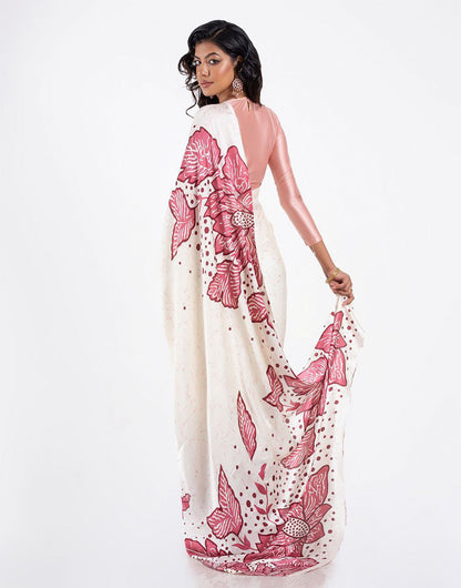 Ivory & Rose Pink Satin Floral Designer Saree – Elegant Party & Festive Wear Saree for Women