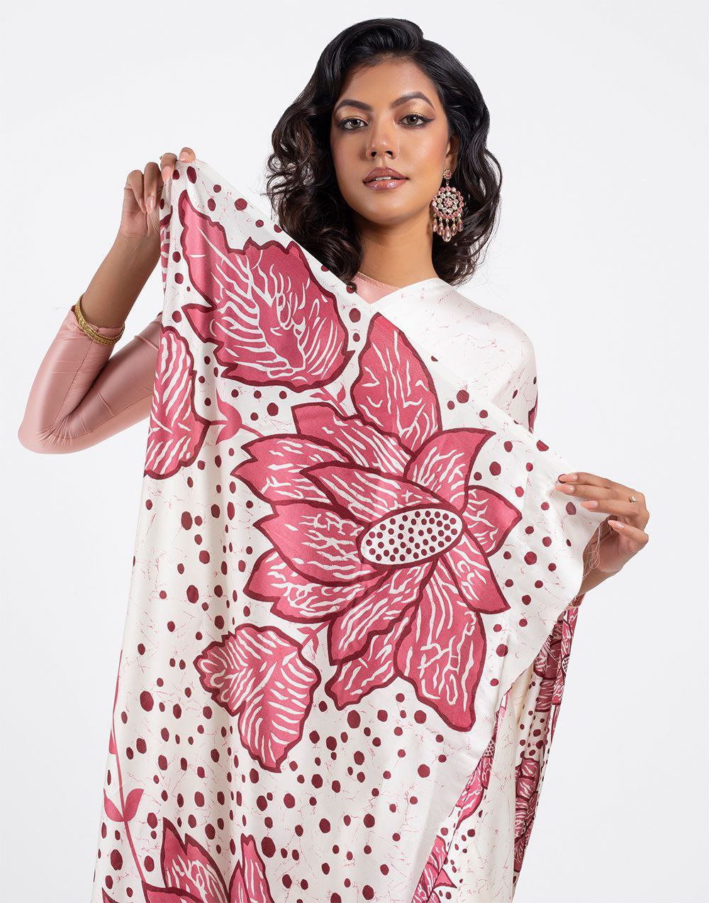 Ivory & Rose Pink Satin Floral Designer Saree – Elegant Party & Festive Wear Saree for Women