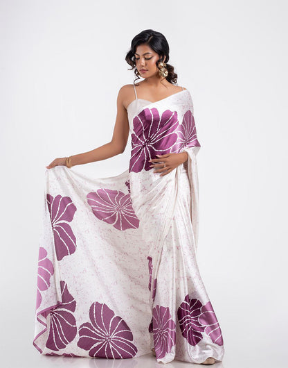 Ivory & Lavender Satin Floral Designer Saree – Elegant Party & Festive Wear Saree for Women