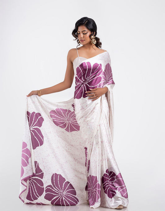 Ivory & Lavender Satin Floral Designer Saree – Elegant Party & Festive Wear Saree for Women
