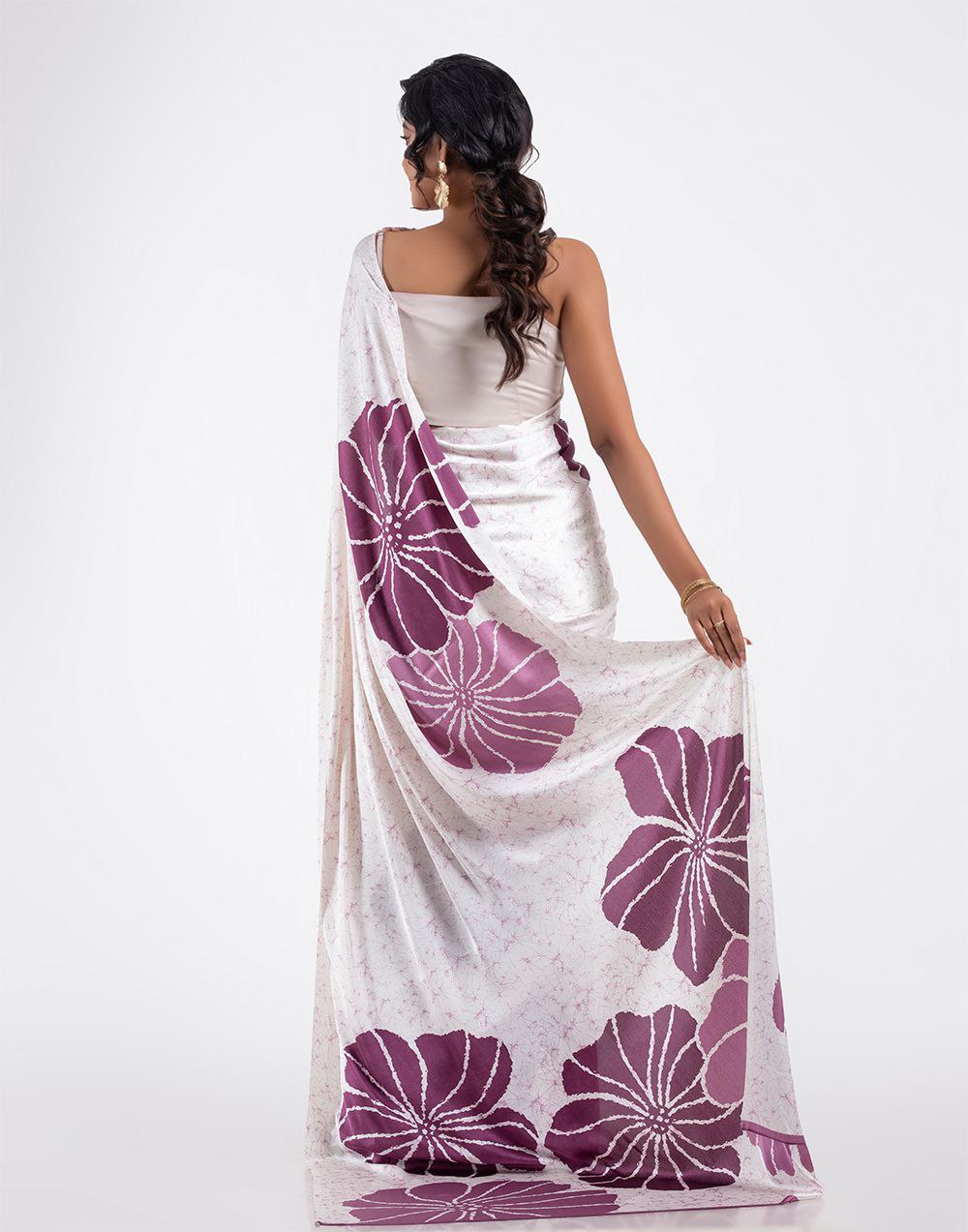 Ivory & Lavender Satin Floral Designer Saree – Elegant Party & Festive Wear Saree for Women